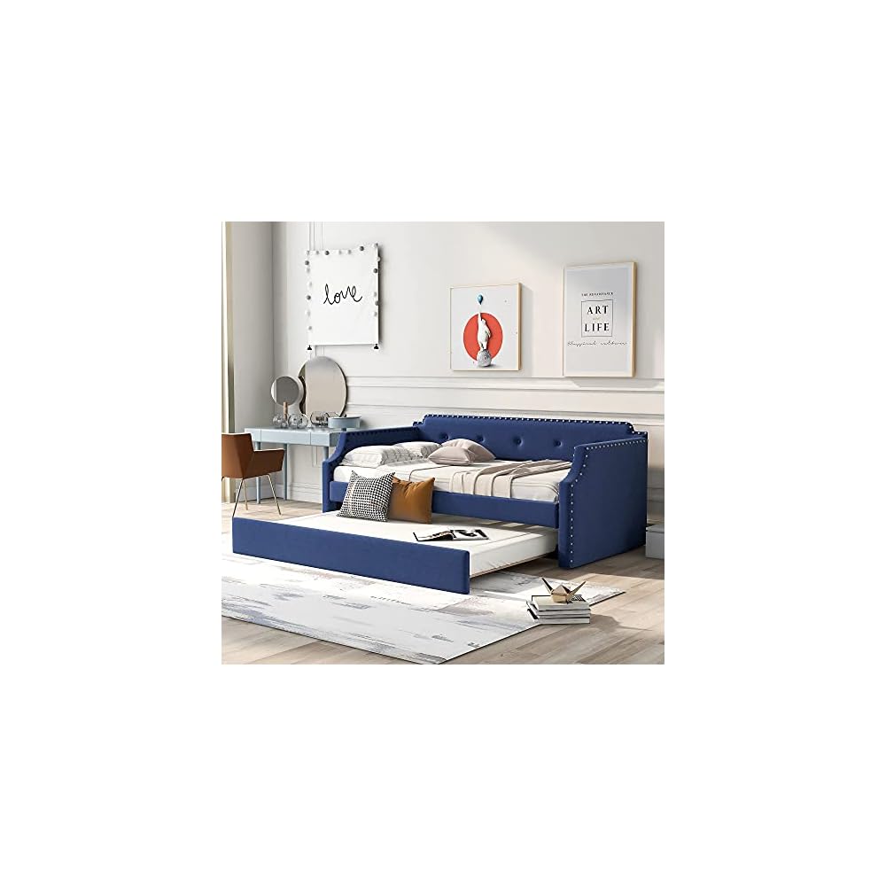 Flieks Twin Upholstered Daybed, Linen Fabric Upholstered Tufted Sofa Bed with Trundle, Sofa Bed Trundle Daybed with Wood Frame (Blue)