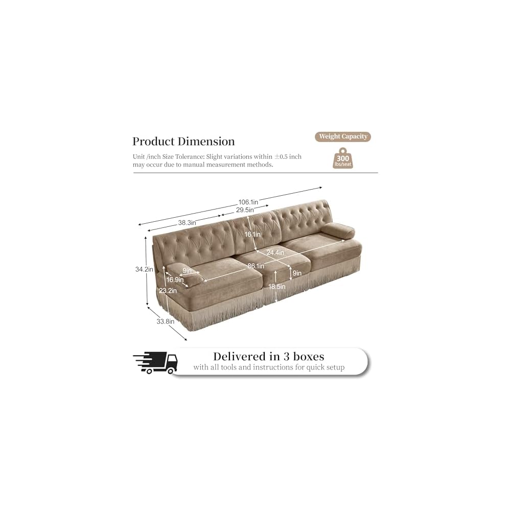 healthomse Modular Sectional Sofa Couch, Soft Velvet Fabric Chesterfield Style Sofa, Modern Button Tufted Couch with Floor-grazing Tassel Fringe Skirt, for Living Room, Bedroom (Camel, 106.1inch)