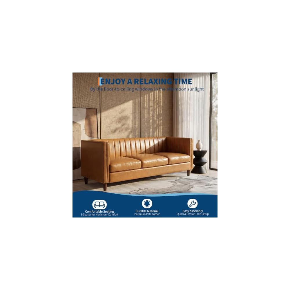 81” Tan Faux Leather Couch for Living Room
