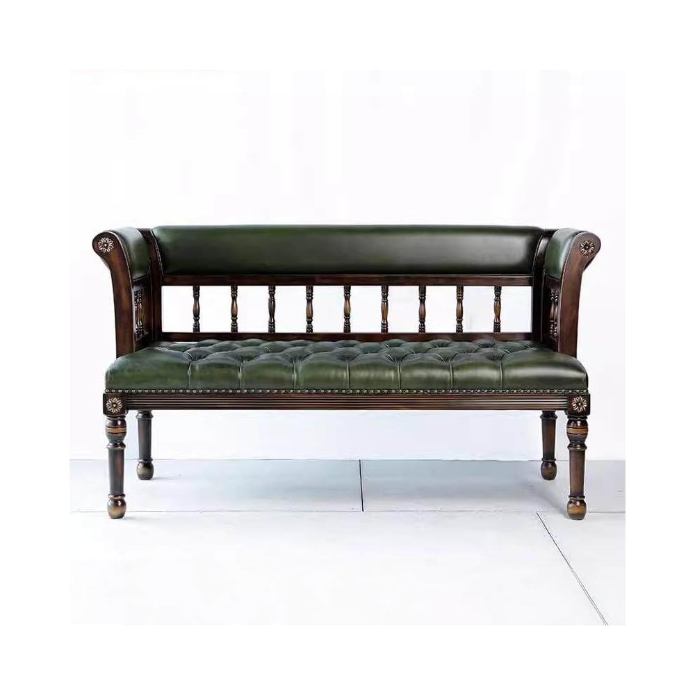 Vintage Solid Wood Loveseat Bench with Upholstered Leather Seat, Tufted Double Chair Sofa Bench for Entryway, Bedroom, Balcony & Living Room