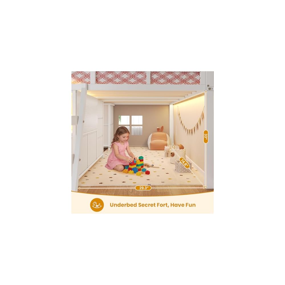 ADORNEVE Kids Low Loft Bed Full with 7 Drawers, Bookcase, Safety Guardrail