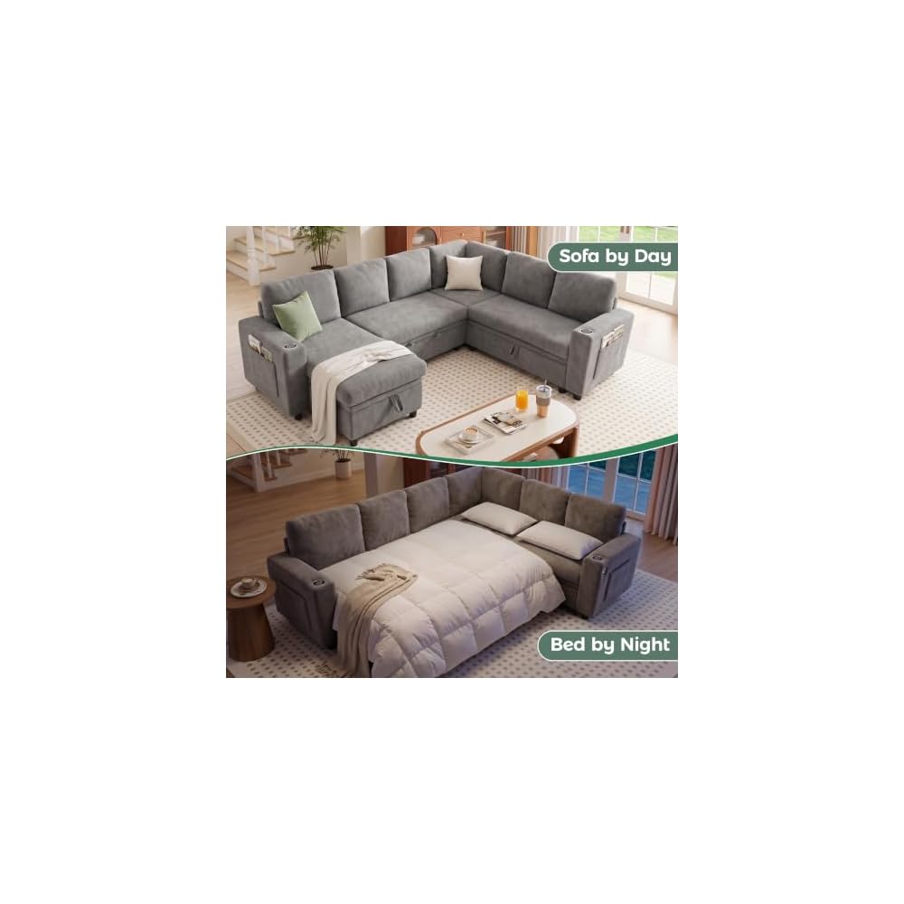 L-Shaped Sectional Sleeper Sofa with Pull Out Bed, 7-Seat, Grey