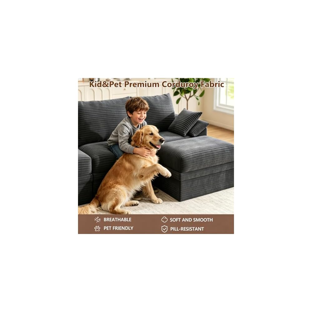142" Modular Sectional Sofa Boneless Couch with Storage,U-Shape 4 Seat Comfy Modern Couch Sofa with Chaise, 27" Deep Seat Corduroy Sofa for Living Room, Tool-Free Assembly - Dark Grey
