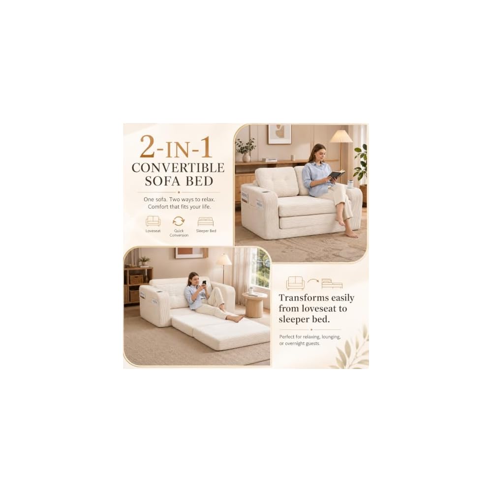 Convertible Sofa Bed, 2-in-1 Pull-Out Loveseat Sleeper with Pillows, Cup Holders and Side Pockets, Corduroy Folding Floor Couch for Small Spaces,Beige