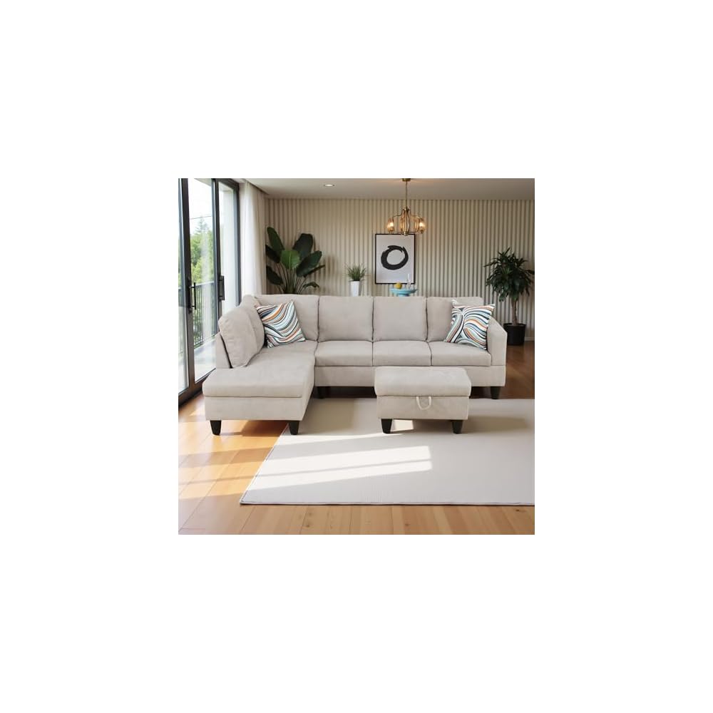 97" Oversized Sectional Couch, L Shaped Couch with Storage Ottoman, Modern Modular Sofa with Deep Seat, Sectional Couches for Living Room and Office, Off-White (Flannelette)