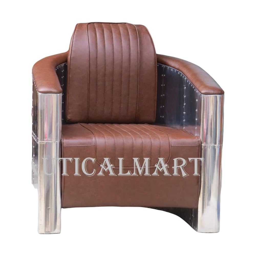 Nautical-Mart Aluminium Aviator Chair Light Brown Leather Vintage Style Industrial Furniture