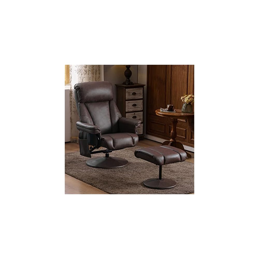 MCombo Swivel Recliner with Ottoman, TV Chair with Vibration Massage, Ideal for RV Small Space, Living Room & Bedroom 4539 4828 (Faux Leather, Dark Brown)