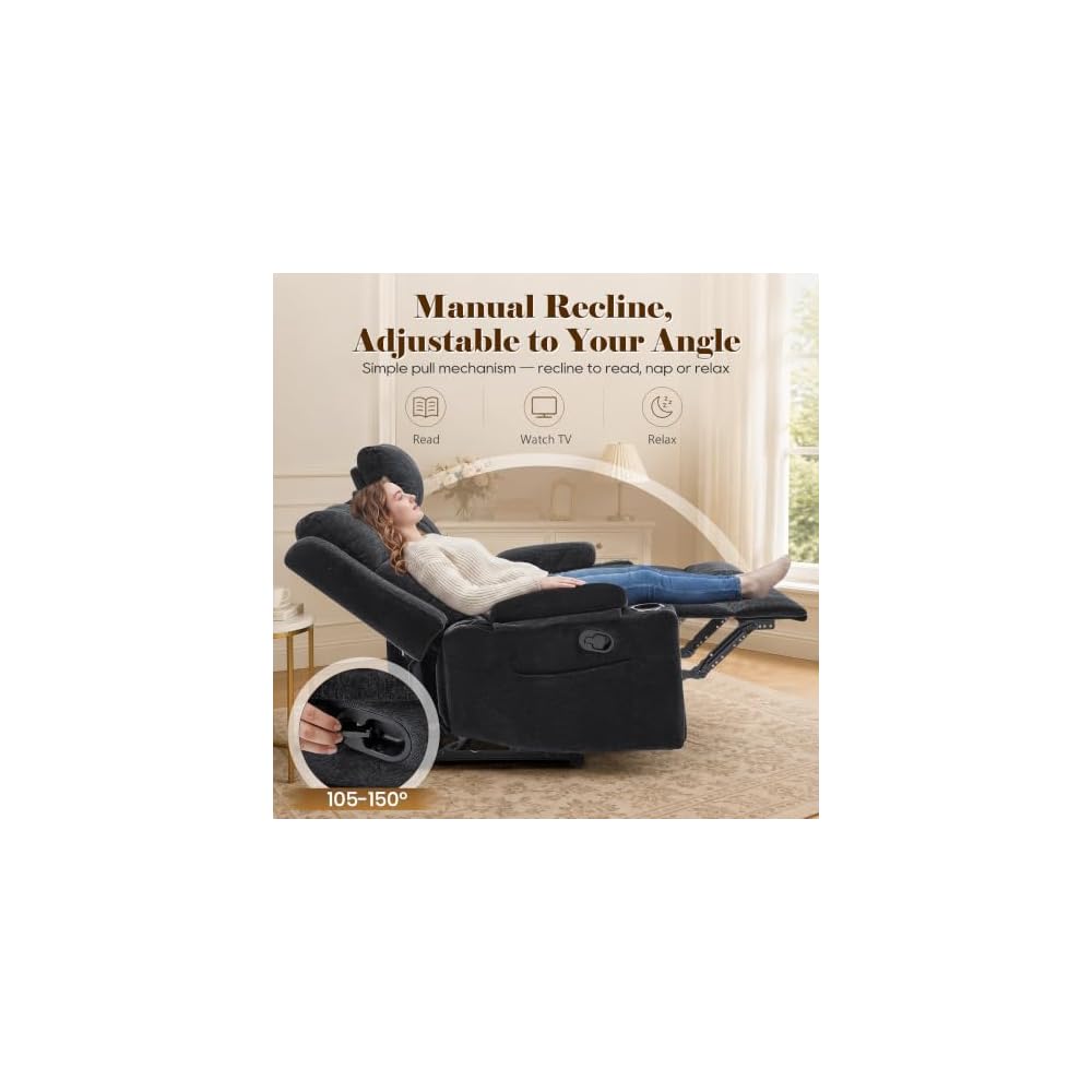 GUEAPY Reclining Sofa for Living Room, 75" Manual Reclining Couch with Chenille Fabric, Flip-Down Center Backrest, 4 Cup Holders, Storage Drawer & Side Pockets, Home Cinema Seating,Black