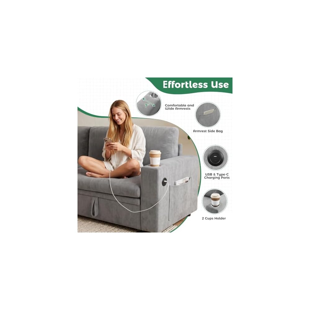 L-Shaped Sectional Sleeper Sofa with Pull Out Bed, 7-Seat, Grey