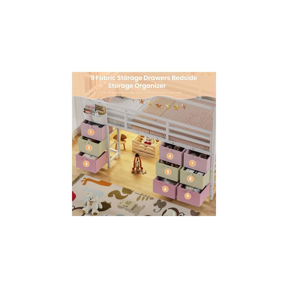 Low Loft Bed Twin Size with Stair,9 Drawers,Guardrail,LED Light,White