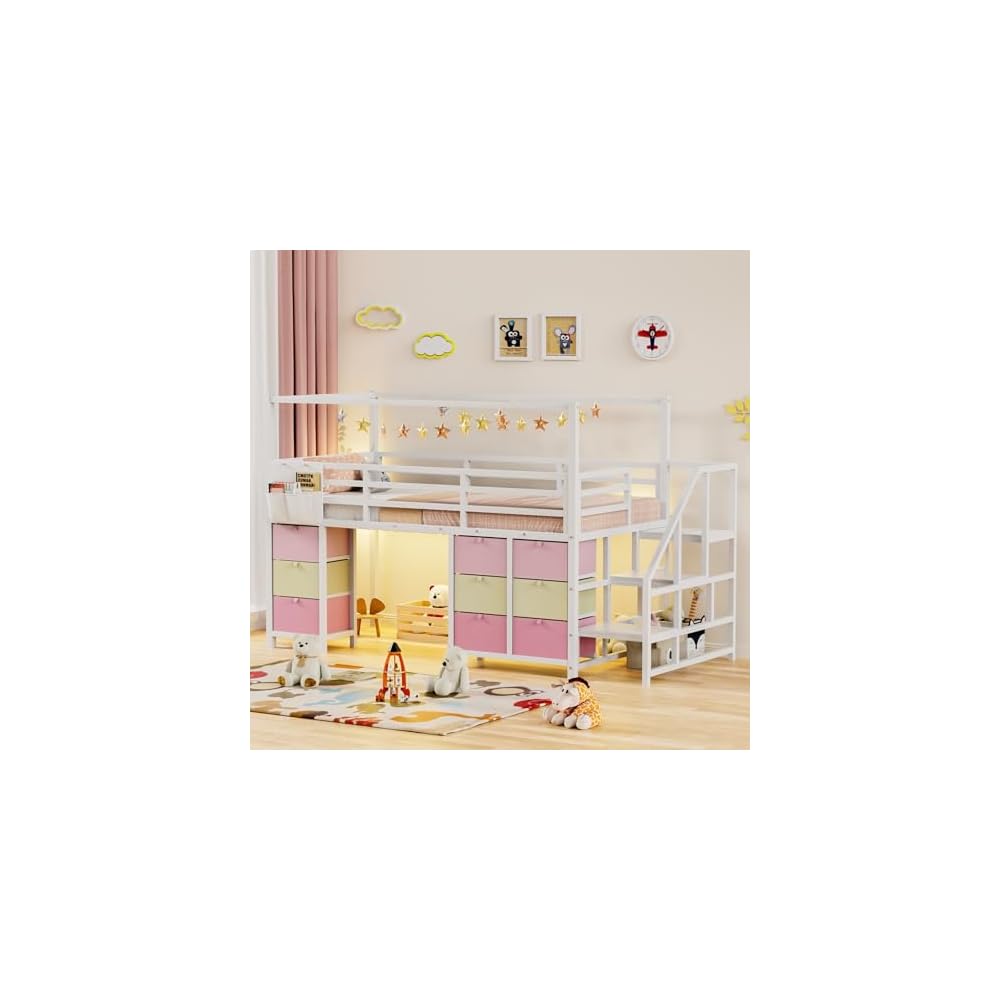 Low Loft Bed Twin Size with Stair,9 Drawers,Guardrail,LED Light,White
