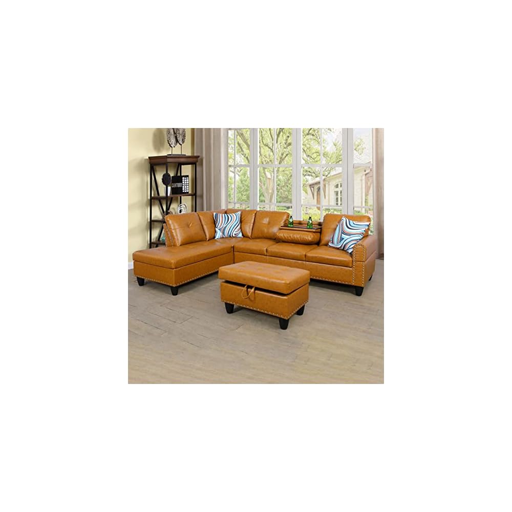 EMKK 3-Piece Faux Leather L-Shaped Sectional Sofas, Button Tufted Upholstered Couches with Chaise Lounge and Storage Ottoman, Modular Living Room Set, Foldable Console and Cup Holder
