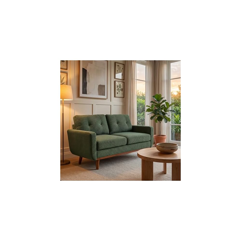KEIKI 65" Upholstered Sofa, Corner Couch, 2 Seat Comfortable Couch with Solid Wood Legs for Living Room, Apartment, Office, Dark Green