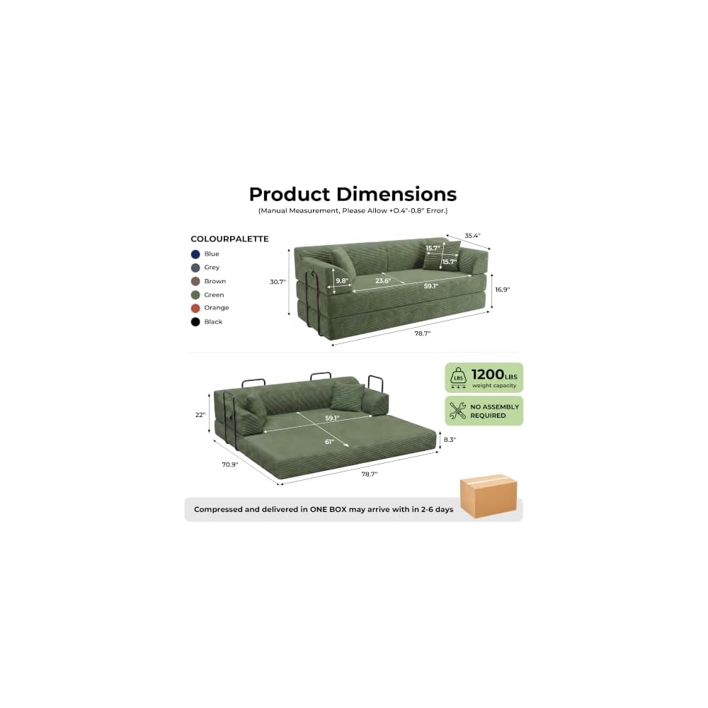 79" Futon Sofa Bed, Boneless Couches for Living Room |Olive Green