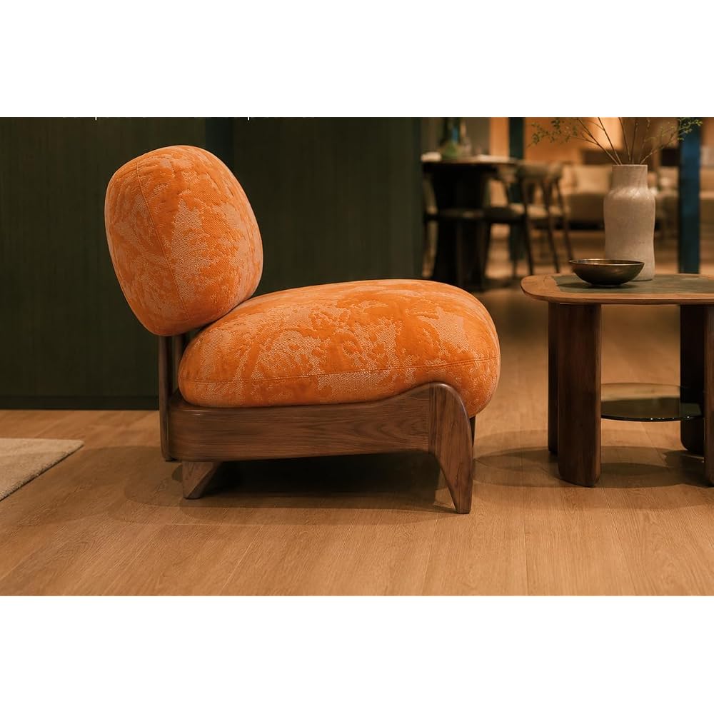Orange Fabric Accent Chair with Curved Wood Frame and Plush Seat