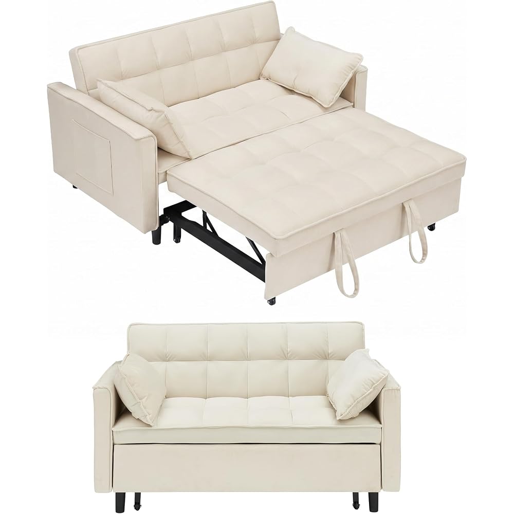 3-in-1 Convertible Sofa Bed, Velvet Loveseat Sleeper with Pull Out Bed, Adjustable Backrest and Side Pockets, Compact Small Space Couch for Living Room, Bedroom, Apartment (Beige)