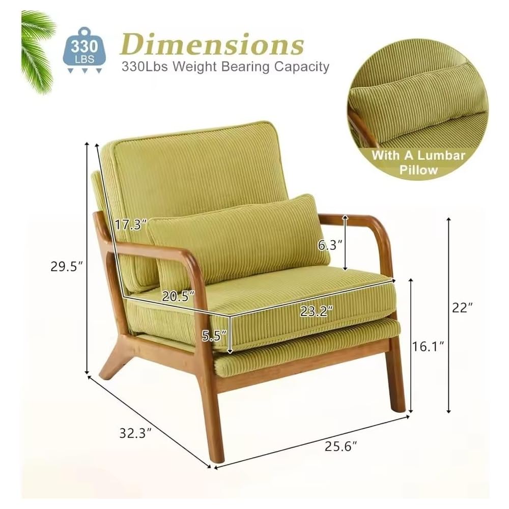 Premium Corduroy Accent Chairs Upholstered Arm Chair Solid Wood Comfy Reading Mid Century