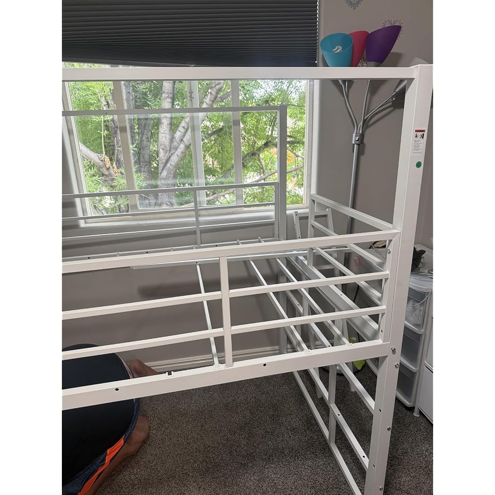 Low Loft Bed Twin Size with Stair,9 Drawers,Guardrail,LED Light,White