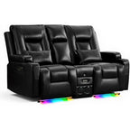 URRED Power Loveseat Recliner Sofa with Console, Wall Hugger Reclining Loveseat RV Couch with LED Light, 150° Zero Gravity Recliners Modular Couches for Living Room (Glossy Black, 68.1'' - 2 Seats)