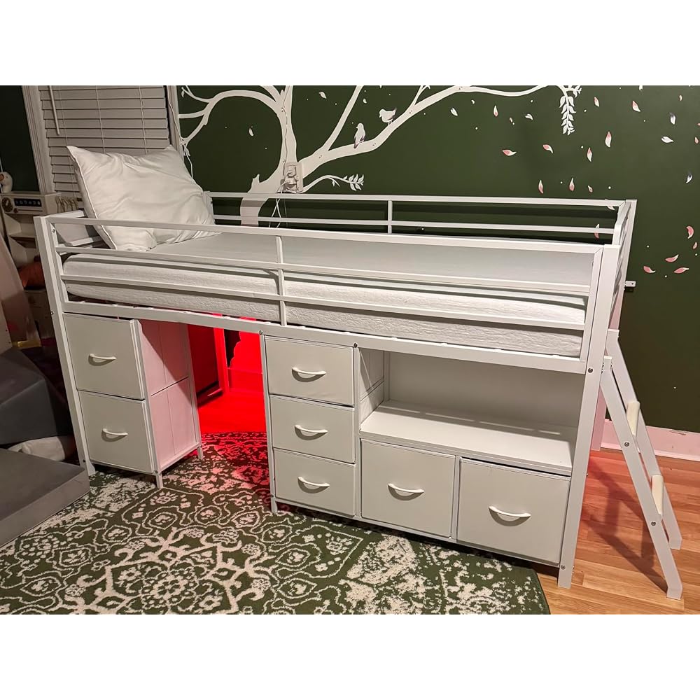ADORNEVE Kids Low Loft Bed Full with 7 Drawers, Bookcase, Safety Guardrail