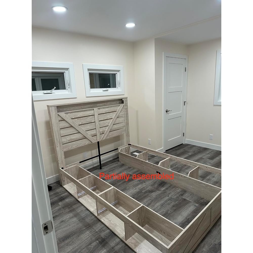 AMERLIFE Queen Farmhouse Bed Frame with 4 Drawers & Open Storage