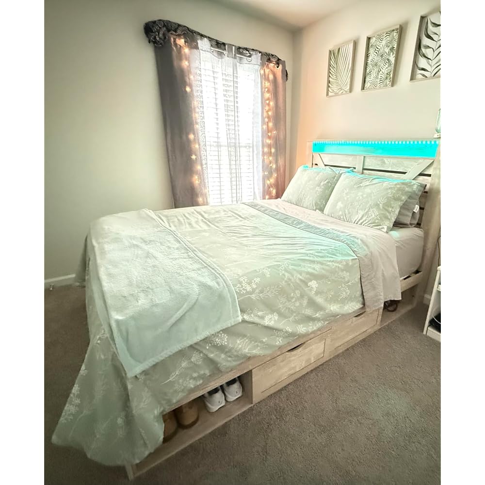 AMERLIFE Queen Farmhouse Bed Frame with 4 Drawers & Open Storage