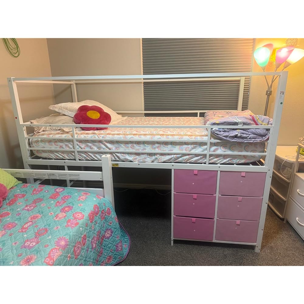 Low Loft Bed Twin Size with Stair,9 Drawers,Guardrail,LED Light,White