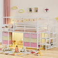 Low Loft Bed Twin Size with Stair,9 Drawers,Guardrail,LED Light,White