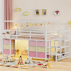Low Loft Bed Twin Size with Stair,9 Drawers,Guardrail,LED Light,White