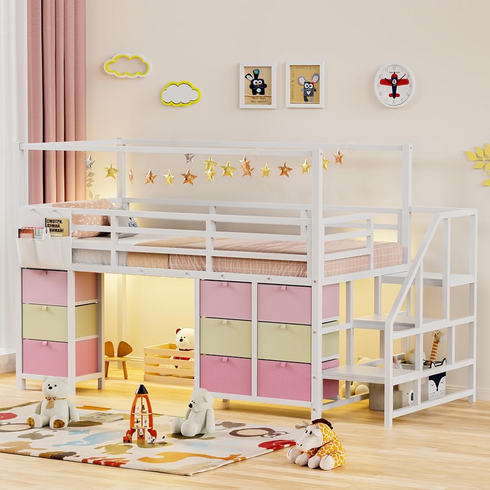 Low Loft Bed Twin Size with Stair,9 Drawers,Guardrail,LED Light,White