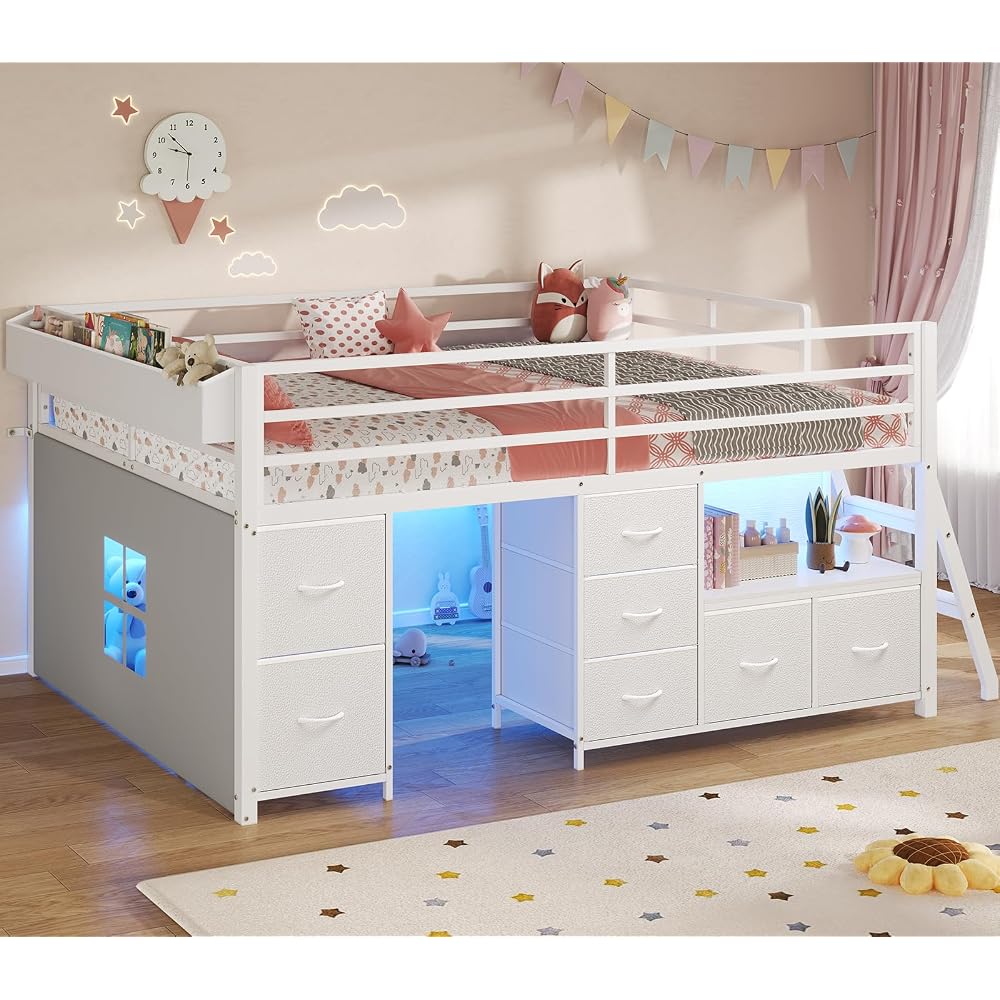 ADORNEVE Kids Low Loft Bed Full with 7 Drawers, Bookcase, Safety Guardrail