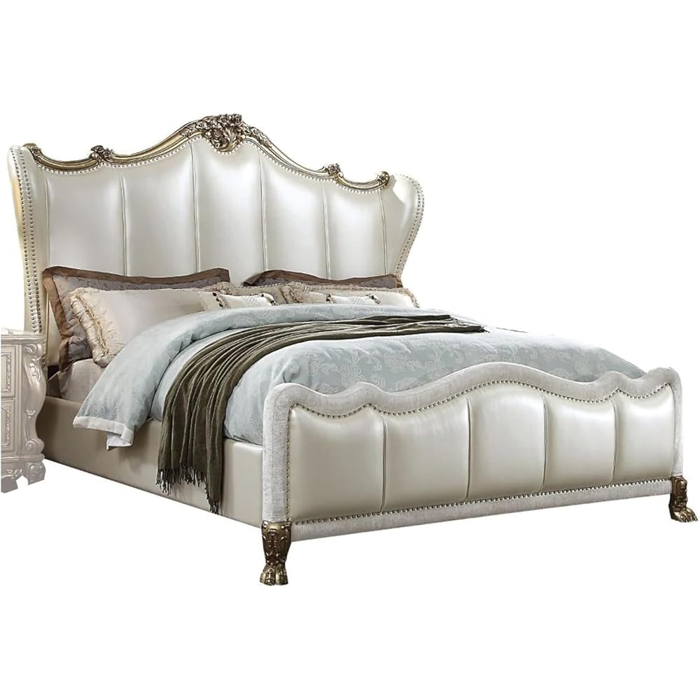 Ally California King Bed, White Faux Leather Victorian Carved, Silver