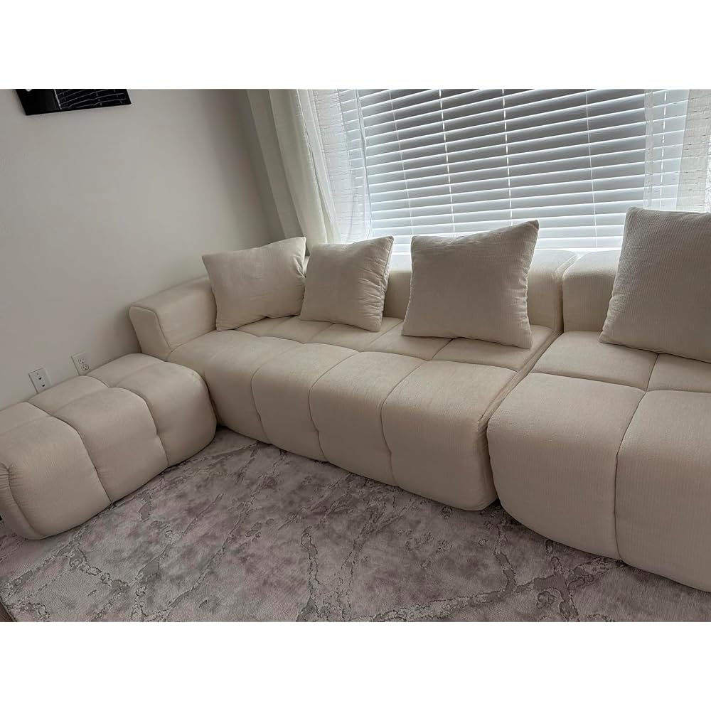 119" Oversized Cloud Boneless Couches for Living Room, Modern Tufted Modular Sectional Sofa with Deep Seat & Movable Ottoman, L Shaped Memory Foam Chenille Couch, No Assembly Required, Beige