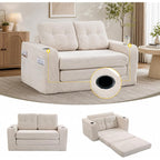 Convertible Sofa Bed, 2-in-1 Pull-Out Loveseat Sleeper with Pillows, Cup Holders and Side Pockets, Corduroy Folding Floor Couch for Small Spaces,Beige