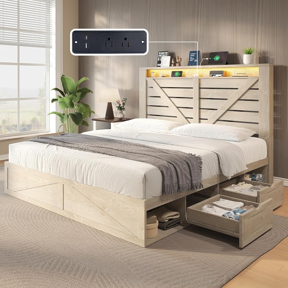 AMERLIFE Queen Farmhouse Bed Frame with 4 Drawers & Open Storage