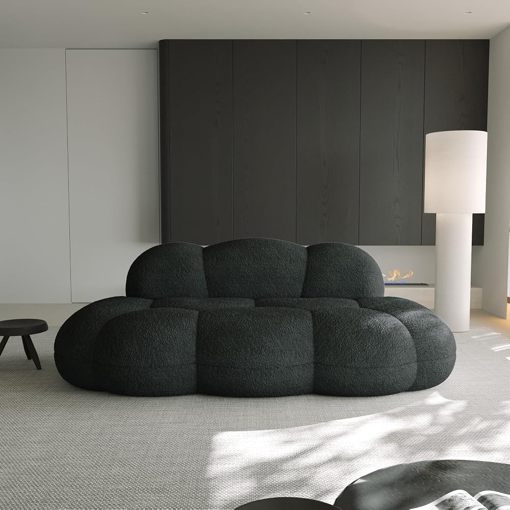 Modern Curved Sofa, 3 Seater Bubble Couch, Soft Sherpa Upholstered Sofa, Minimalist Style Comfy Cloud Couch for Living Room Apartment, Black