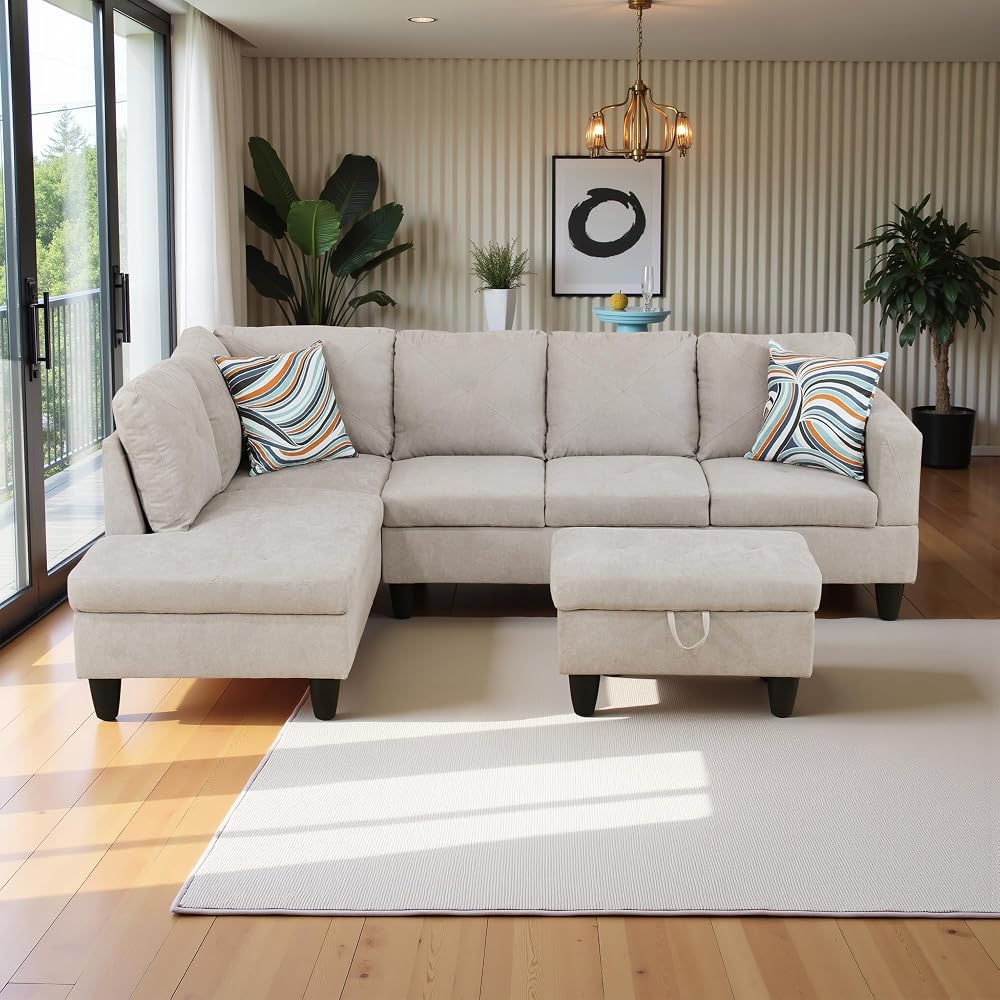 97" Oversized Sectional Couch, L Shaped Couch with Storage Ottoman, Modern Modular Sofa with Deep Seat, Sectional Couches for Living Room and Office, Off-White (Flannelette)