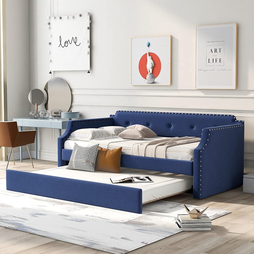 Flieks Twin Upholstered Daybed, Linen Fabric Upholstered Tufted Sofa Bed with Trundle, Sofa Bed Trundle Daybed with Wood Frame (Blue)