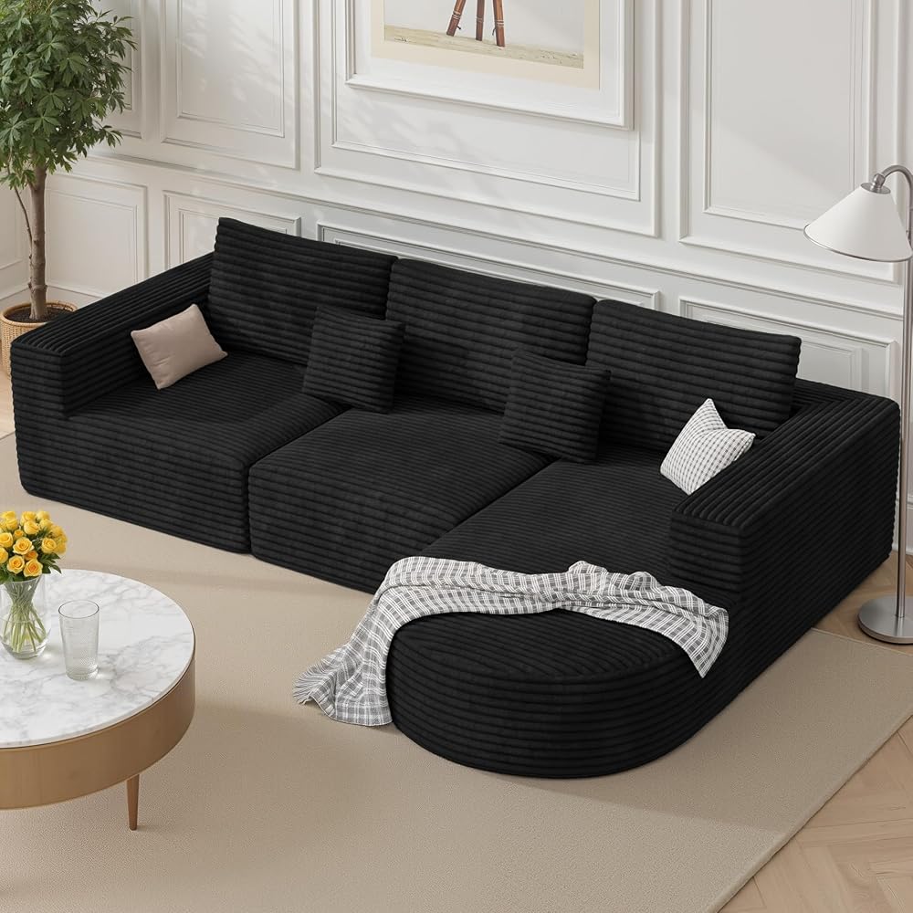 110” Modular Sectional Cloud Boneless Couches, L-Shaped Curved Sofa with Chaise, Deep Seat Convertible Sleeper Bed Include 2 pcs Pillow, No Assembly Required(Black Corduroy Fabric)
