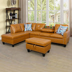 EMKK 3-Piece Faux Leather L-Shaped Sectional Sofas, Button Tufted Upholstered Couches with Chaise Lounge and Storage Ottoman, Modular Living Room Set, Foldable Console and Cup Holder