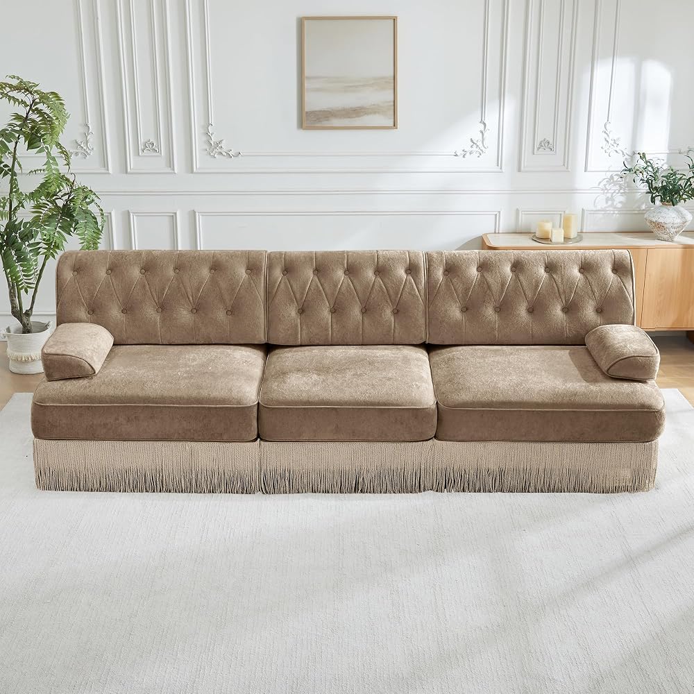 healthomse Modular Sectional Sofa Couch, Soft Velvet Fabric Chesterfield Style Sofa, Modern Button Tufted Couch with Floor-grazing Tassel Fringe Skirt, for Living Room, Bedroom (Camel, 106.1inch)