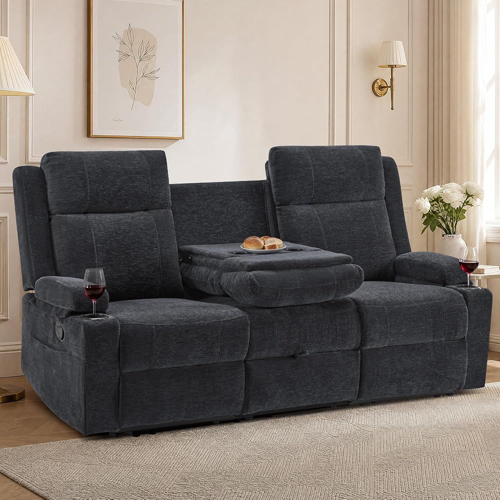 GUEAPY Reclining Sofa for Living Room, 75" Manual Reclining Couch with Chenille Fabric, Flip-Down Center Backrest, 4 Cup Holders, Storage Drawer & Side Pockets, Home Cinema Seating,Black