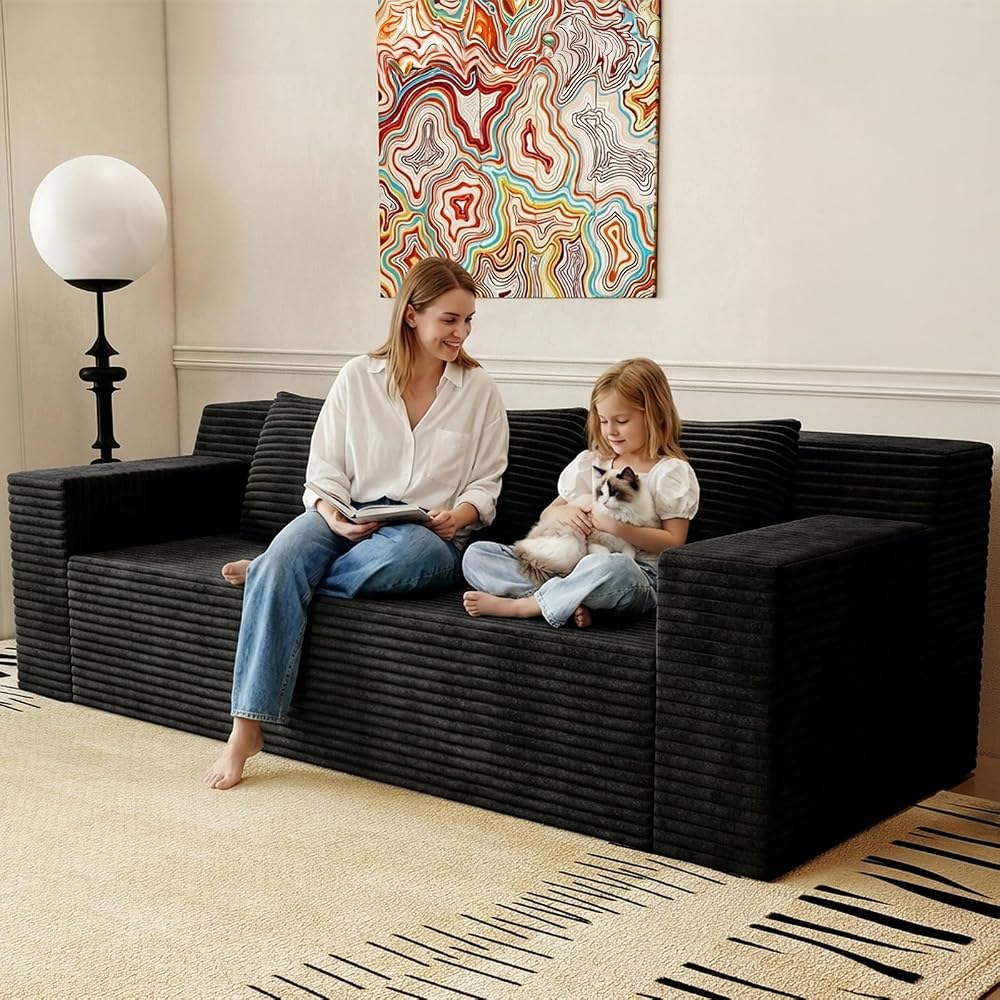 71" Cloud Corduroy Boneless Loveseat Couch in a Box, Small Boneless Couch for Living Room Memory Foam Compressed Couches Sofa with 3 Pillows & Side Pockets Wide Armrest, No Assembly Required, Black