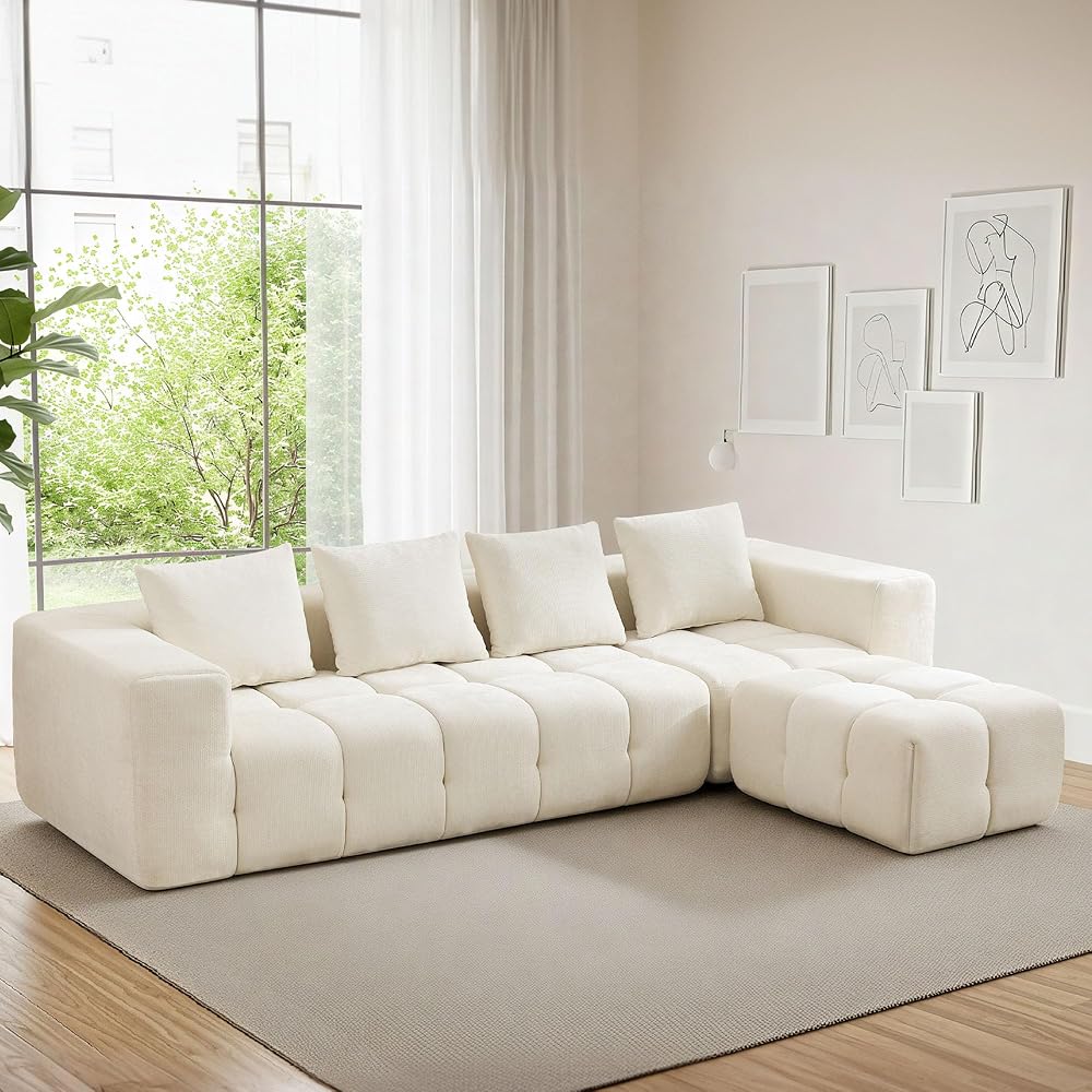 119" Oversized Cloud Boneless Couches for Living Room, Modern Tufted Modular Sectional Sofa with Deep Seat & Movable Ottoman, L Shaped Memory Foam Chenille Couch, No Assembly Required, Beige