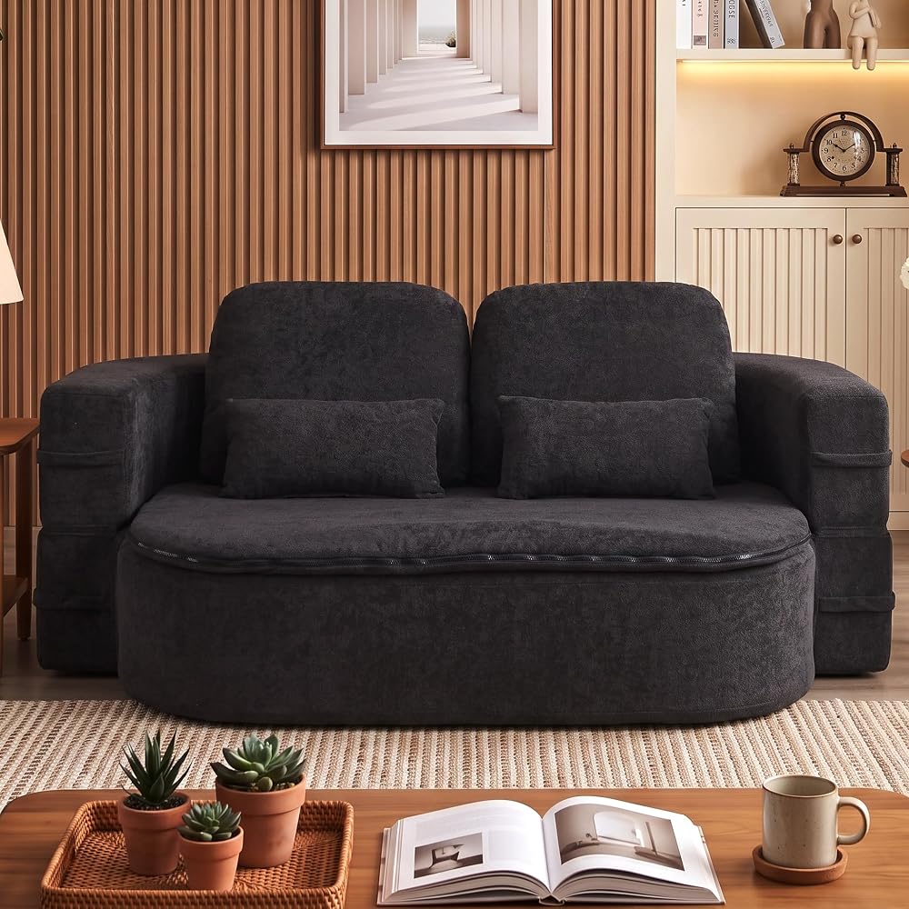 75'' Chenille Convertible Floor Couch, 2‑in‑1 Sleeper Sofa Bed