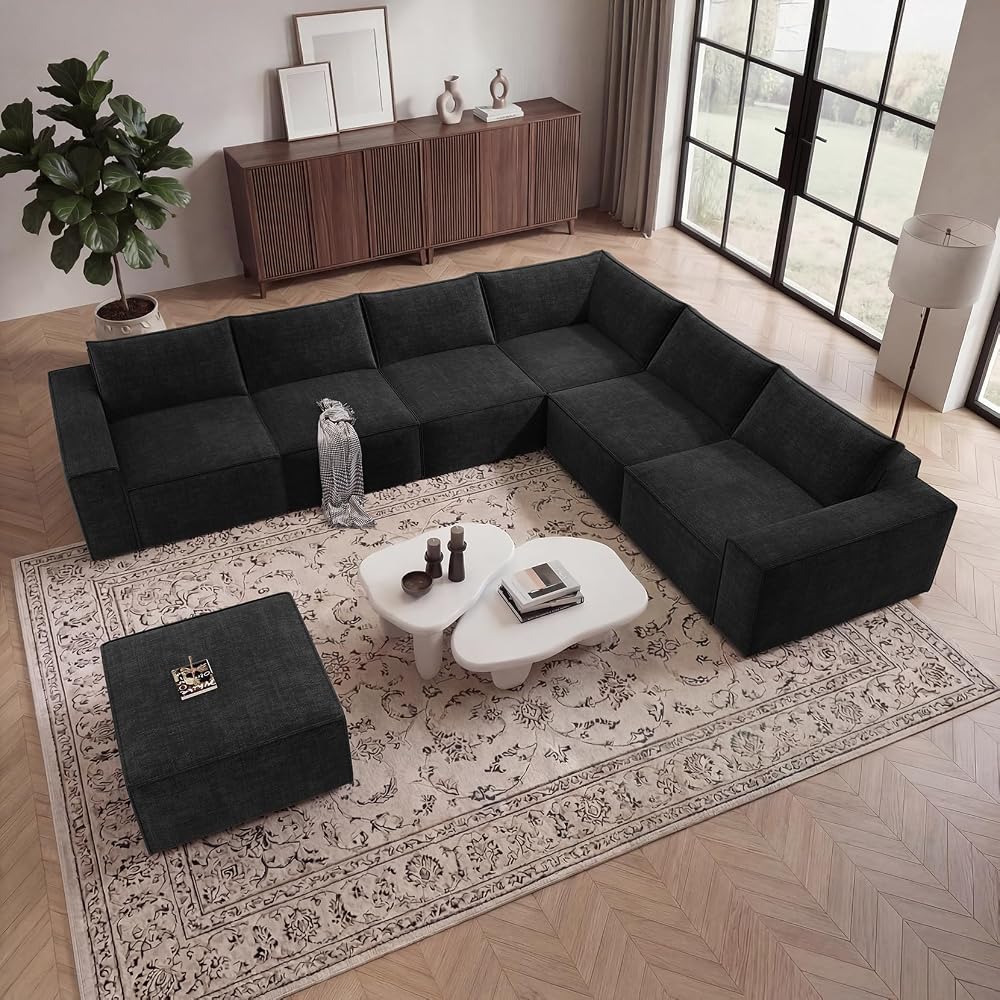 Vesgantti 143.7" Large Boneless Sectional Couch, 7 Seater Sofas, Black