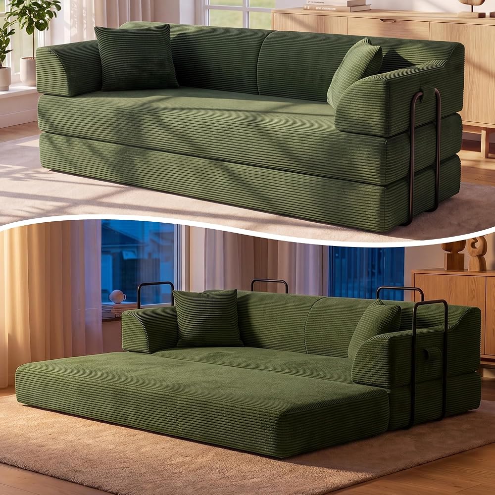 79" Futon Sofa Bed, Boneless Couches for Living Room |Olive Green