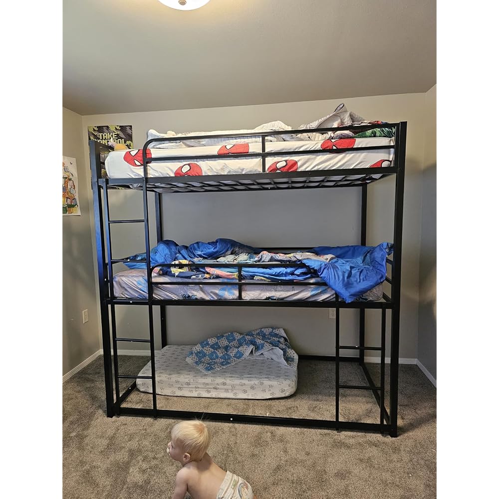 Mixcous Heavy Duty Triple Twin Size Bunk Bed, Twin Over Twin Over Twin