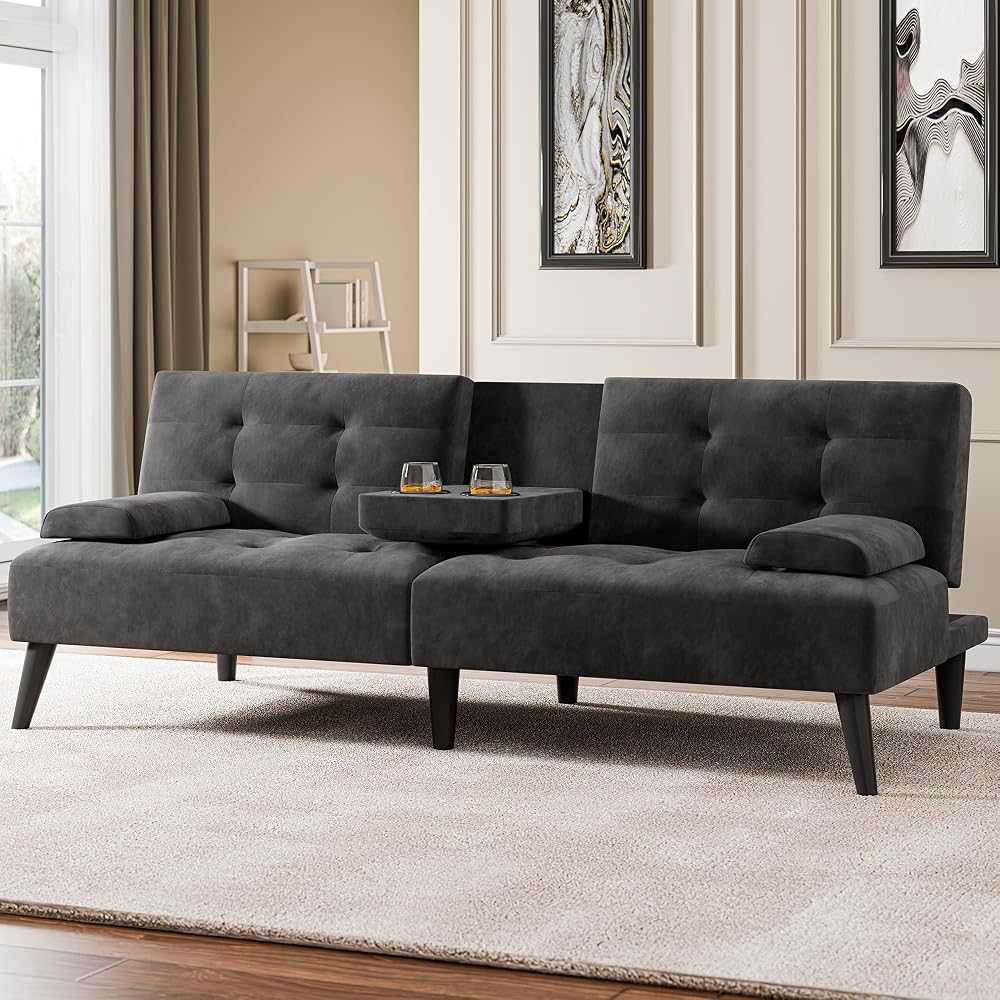 64" Futon Sofa Bed, 64" Convertible Loveseat with 2 Cup Holders, Small Couch with 3 Adjustable Angles & Removable Armrest, Sleeper Sofa for Apartment, 5.3 FT, Black