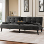 64" Futon Sofa Bed, 64" Convertible Loveseat with 2 Cup Holders, Small Couch with 3 Adjustable Angles & Removable Armrest, Sleeper Sofa for Apartment, 5.3 FT, Black